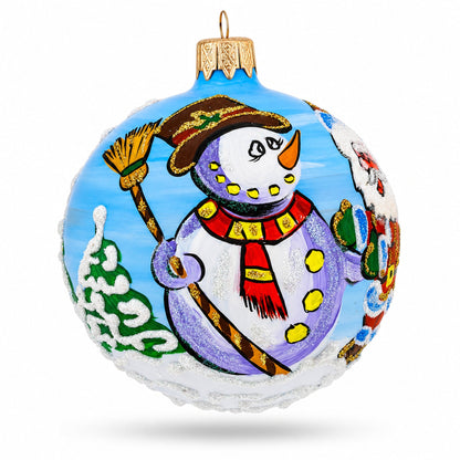 Joyful Laughing Santa with Snowman Glass Ball Christmas Ornament 3.25 Inches