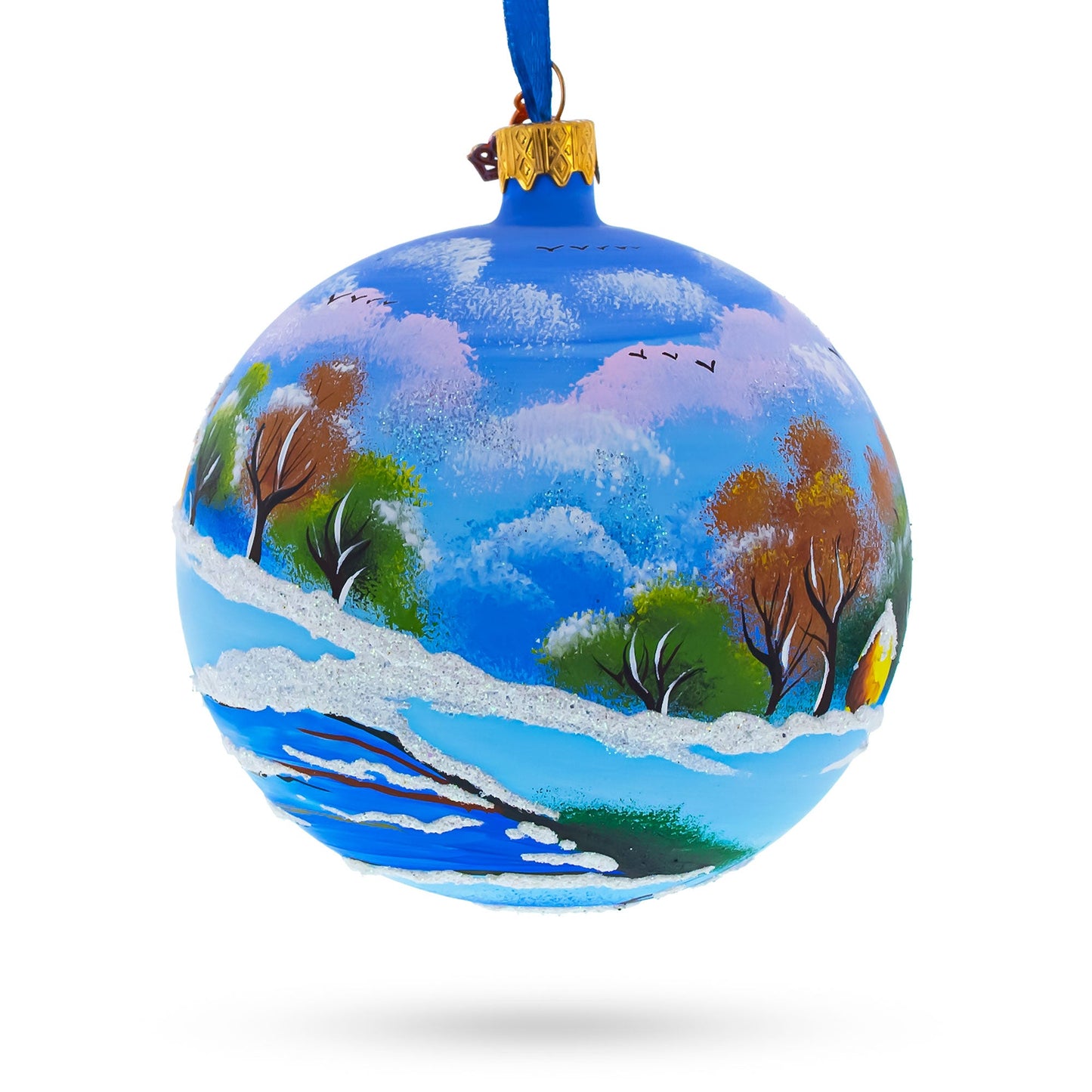 Serene Winter Village Scene with Lake Glass Ball Christmas Ornament 4 Inches