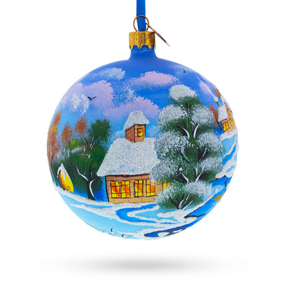 Serene Winter Village Scene with Lake Glass Ball Christmas Ornament 4 Inches
