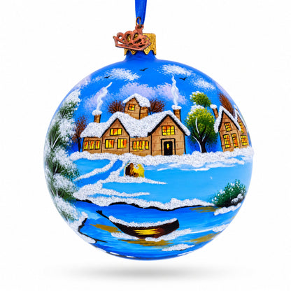 Serene Winter Village Scene with Lake Glass Ball Christmas Ornament 4 Inches