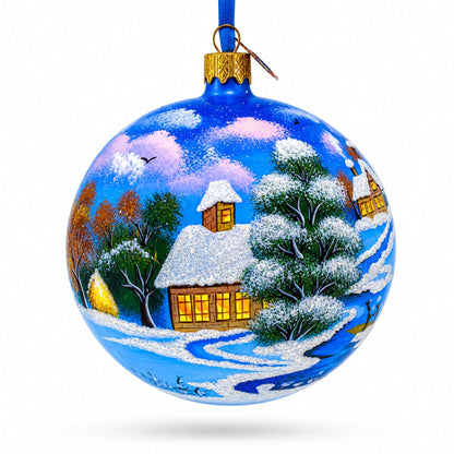 Serene Winter Village Scene with Lake Glass Ball Christmas Ornament 4 Inches