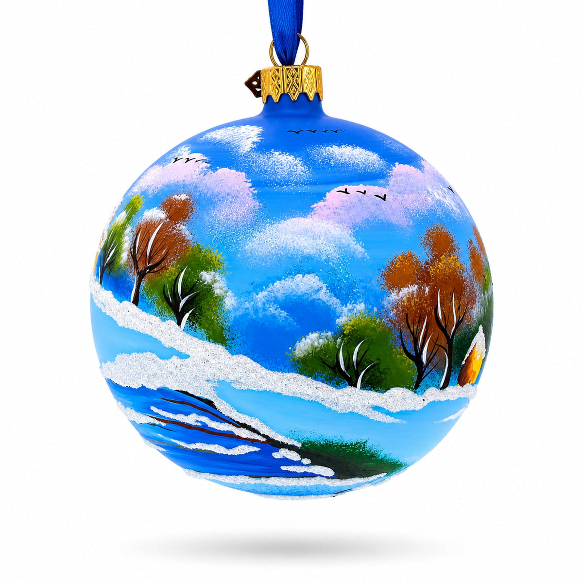 Serene Winter Village Scene with Lake Glass Ball Christmas Ornament 4 Inches