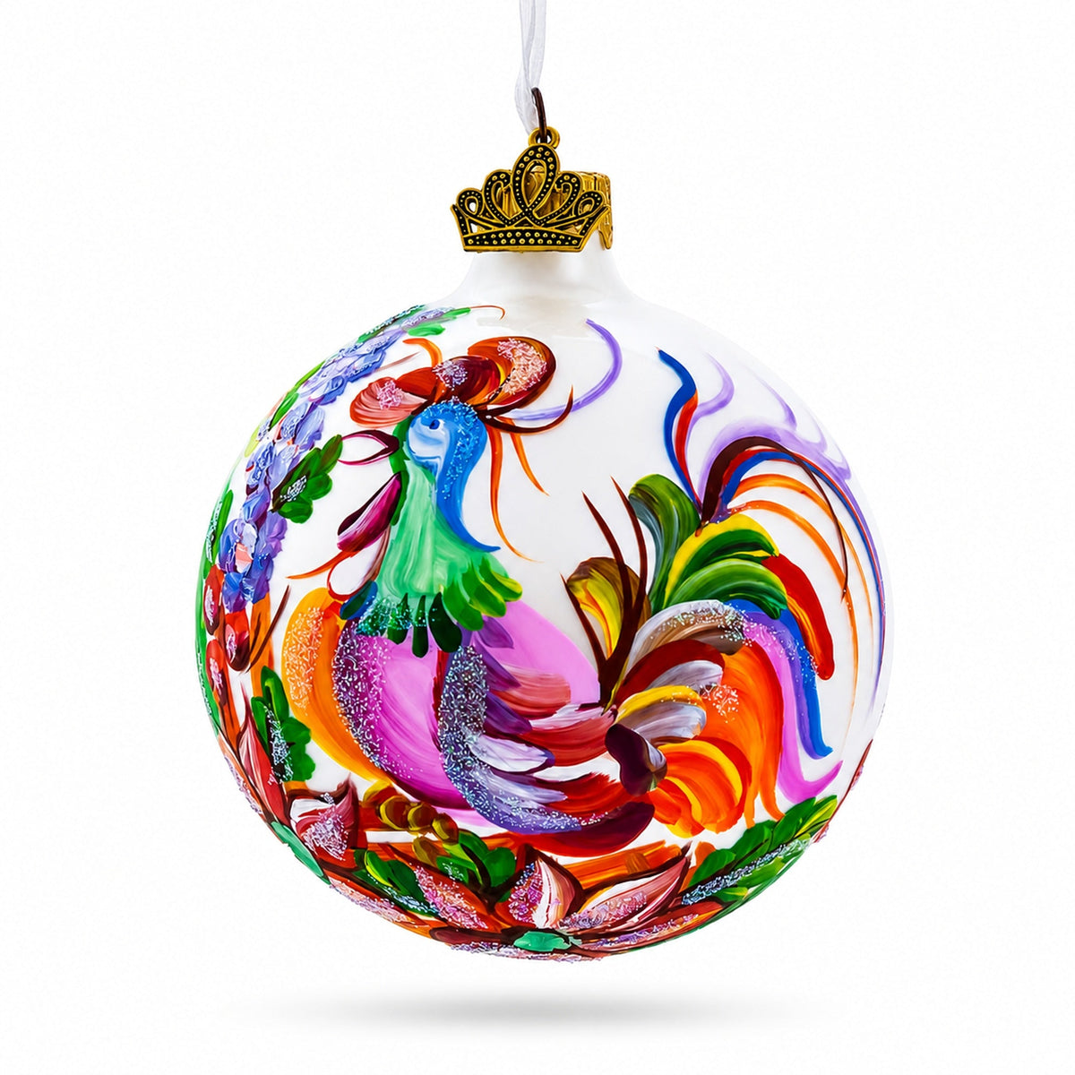Vibrant Rooster with Flowers Glass Ball Christmas Ornament 3.25 Inches