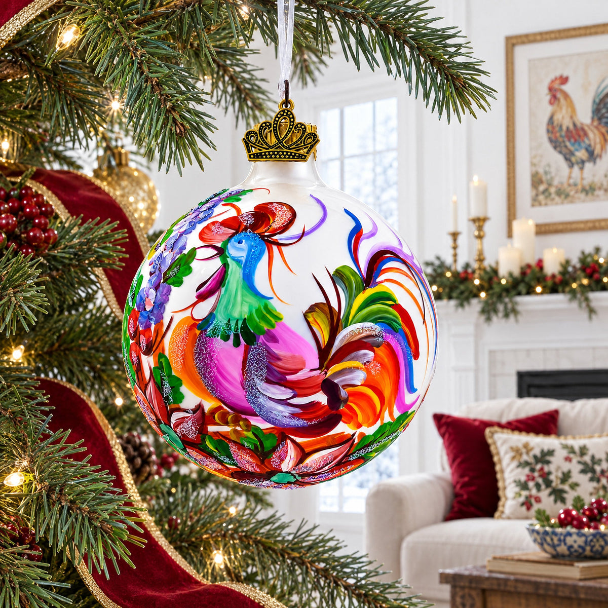 Vibrant Rooster with Flowers Glass Ball Christmas Ornament 3.25 Inches