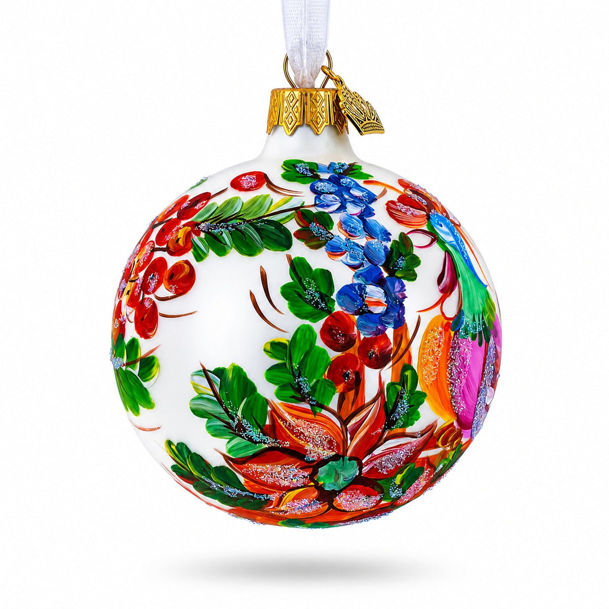 Vibrant Rooster with Flowers Glass Ball Christmas Ornament 3.25 Inches
