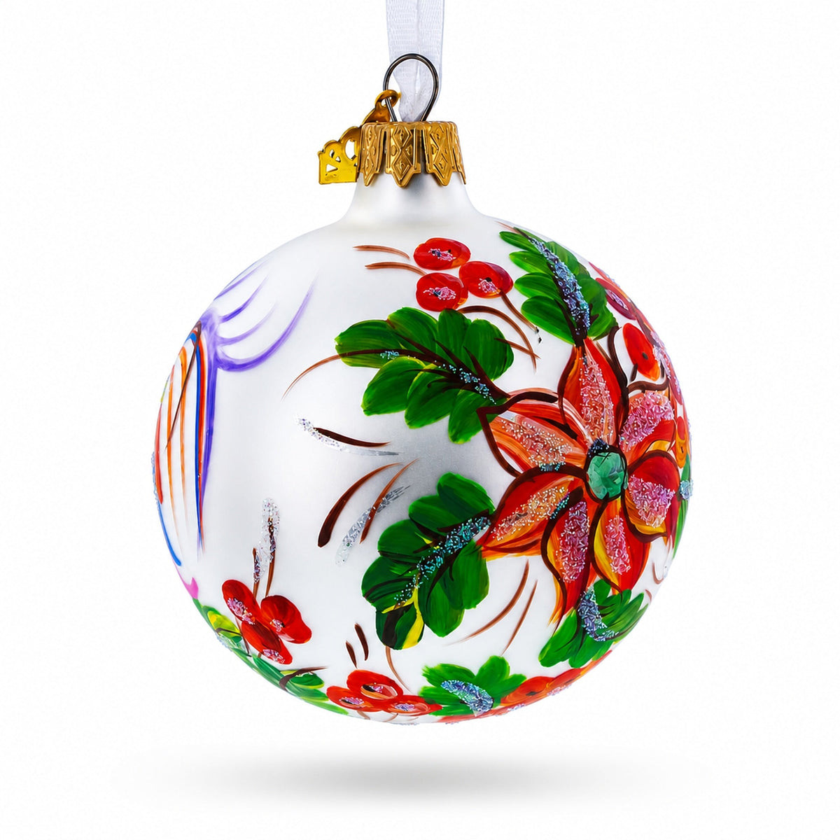 Vibrant Rooster with Flowers Glass Ball Christmas Ornament 3.25 Inches