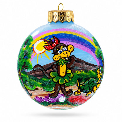 Monkey Under Rainbow Glass Ball Christmas Ornament 4 Inches