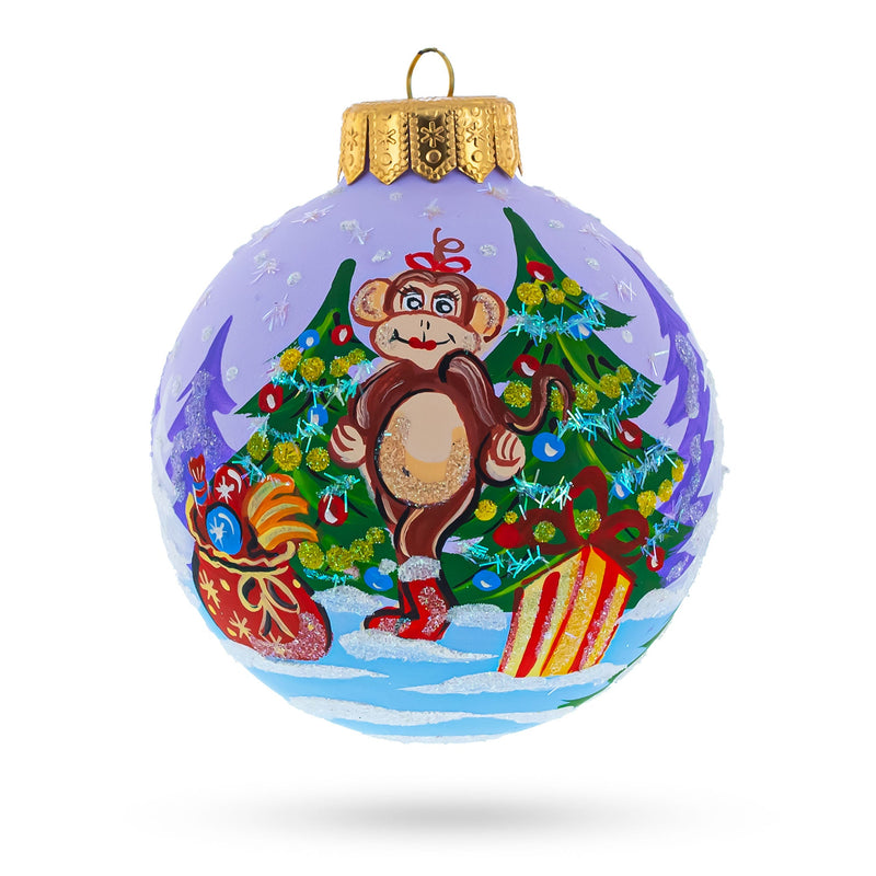 Monkey with Christmas Gifts Glass Ball Christmas Ornament 4 Inches