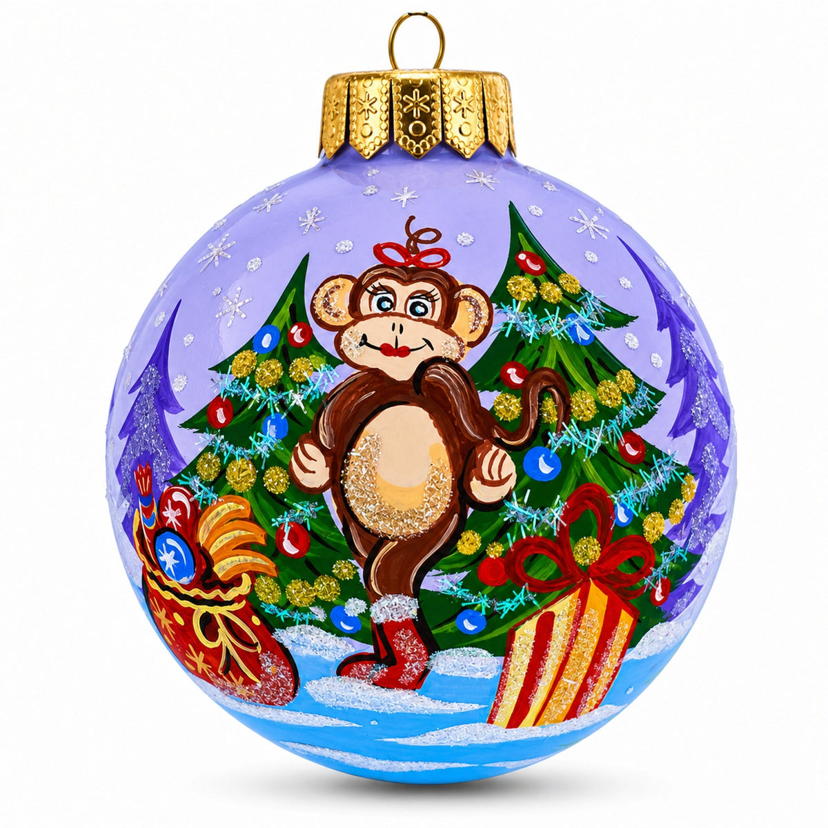Monkey with Christmas Gifts Glass Ball Christmas Ornament 4 Inches