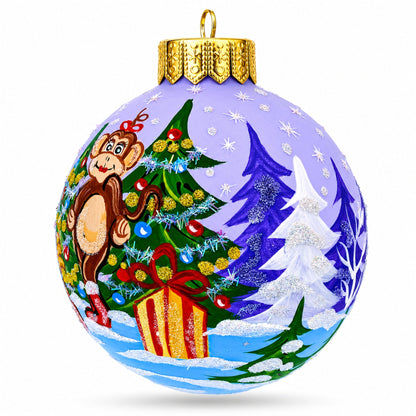 Monkey with Christmas Gifts Glass Ball Christmas Ornament 4 Inches