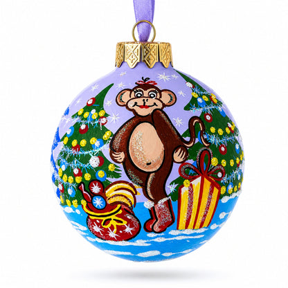 Monkey with Christmas Tree and Gifts Glass Ball Christmas Ornament 3.25 Inches