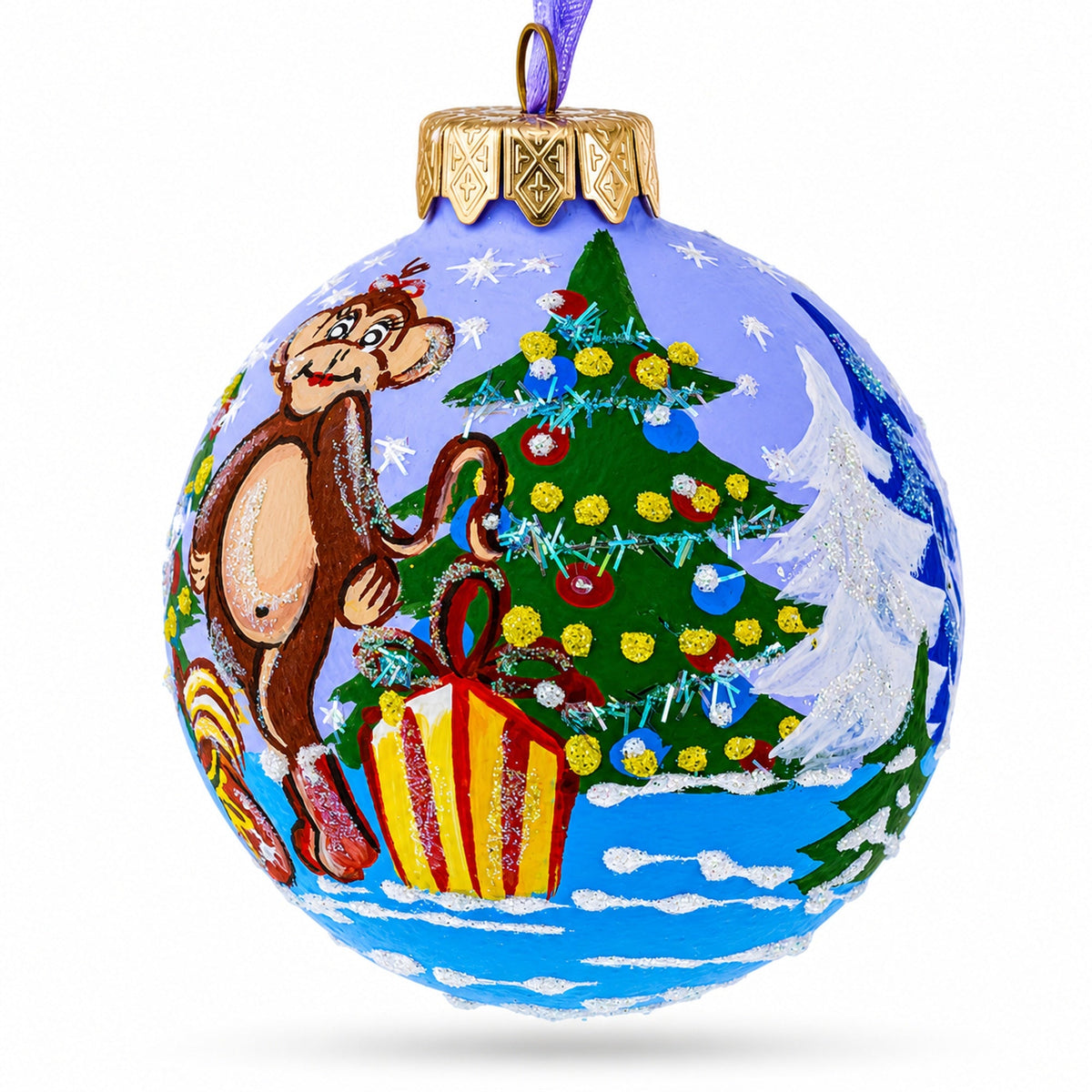 Monkey with Christmas Tree and Gifts Glass Ball Christmas Ornament 3.25 Inches