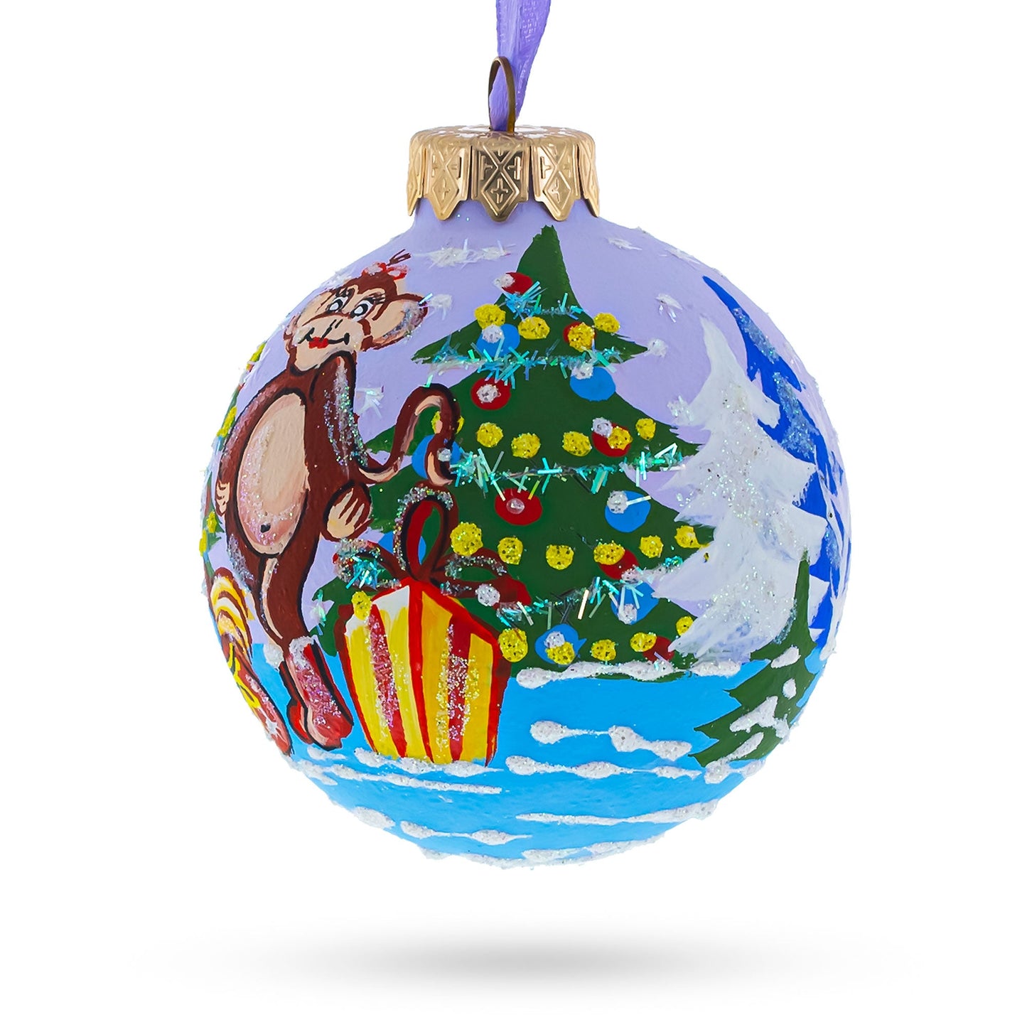 Monkey with Christmas Tree and Gifts Glass Ball Christmas Ornament 3.25 Inches