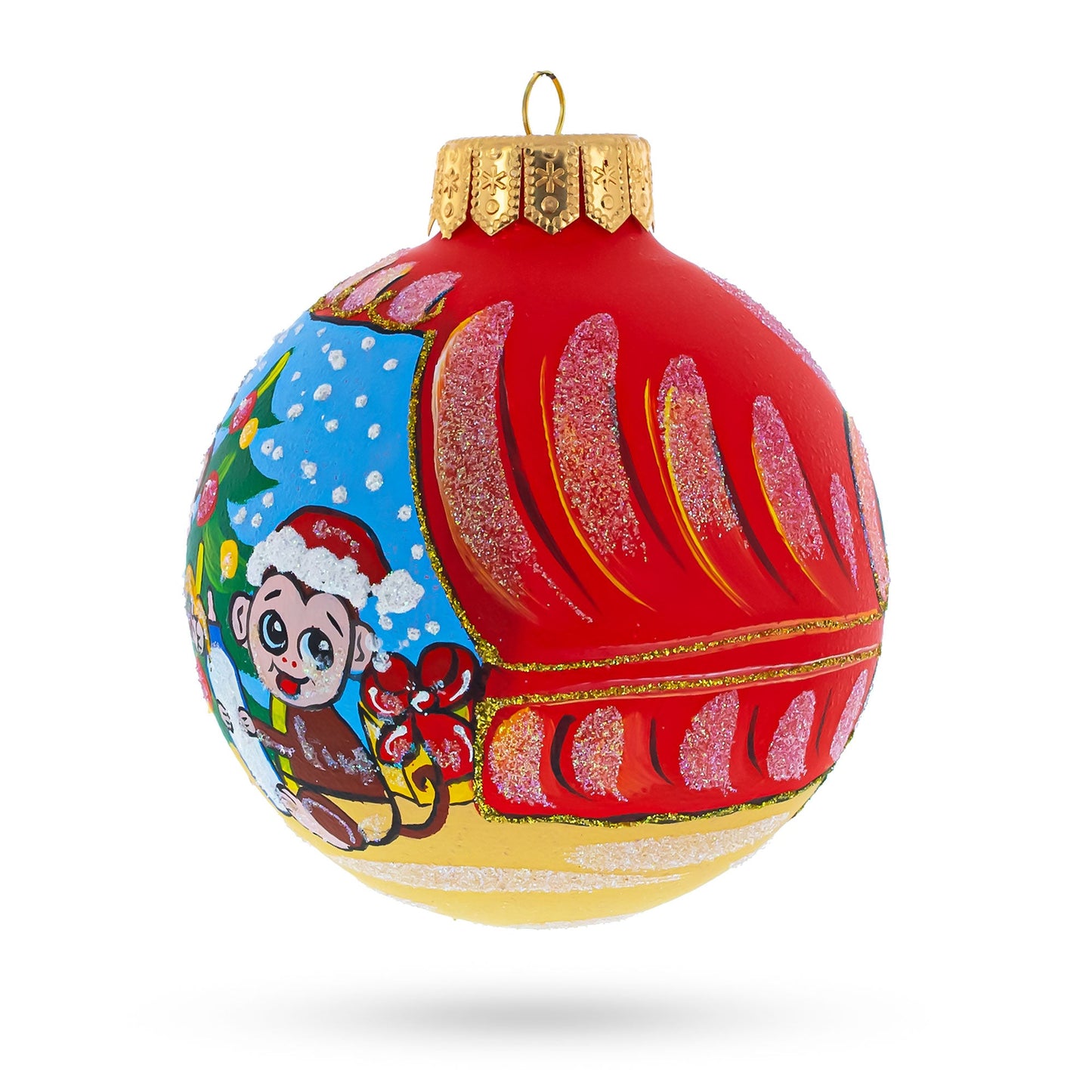 Monkey and Baby by Christmas Tree Glass Ball Christmas Ornament 4 Inches