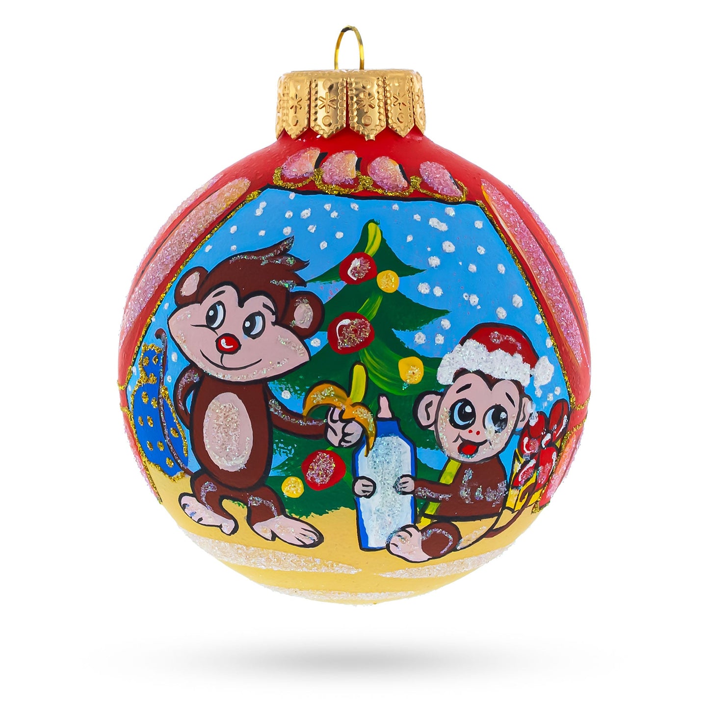 Monkey and Baby by Christmas Tree Glass Ball Christmas Ornament 4 Inches