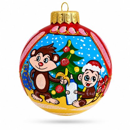 Monkey and Baby by Christmas Tree Glass Ball Christmas Ornament 4 Inches