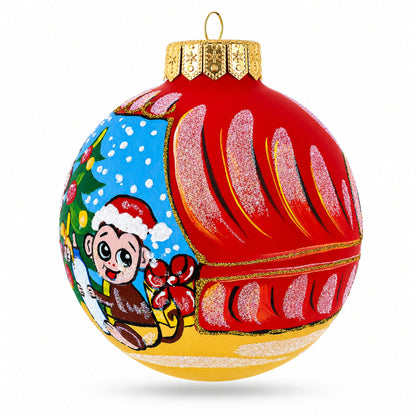 Monkey and Baby by Christmas Tree Glass Ball Christmas Ornament 4 Inches