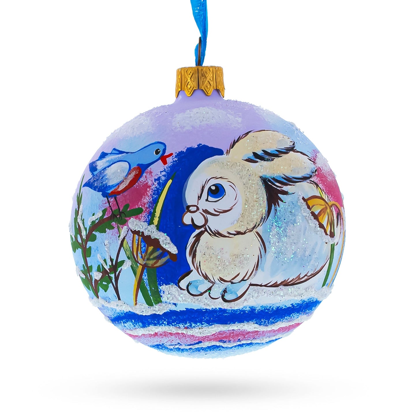 Charming Bunny Rabbit and Bird Whimsical Glass Ball Christmas Ornament  3.25 Inches