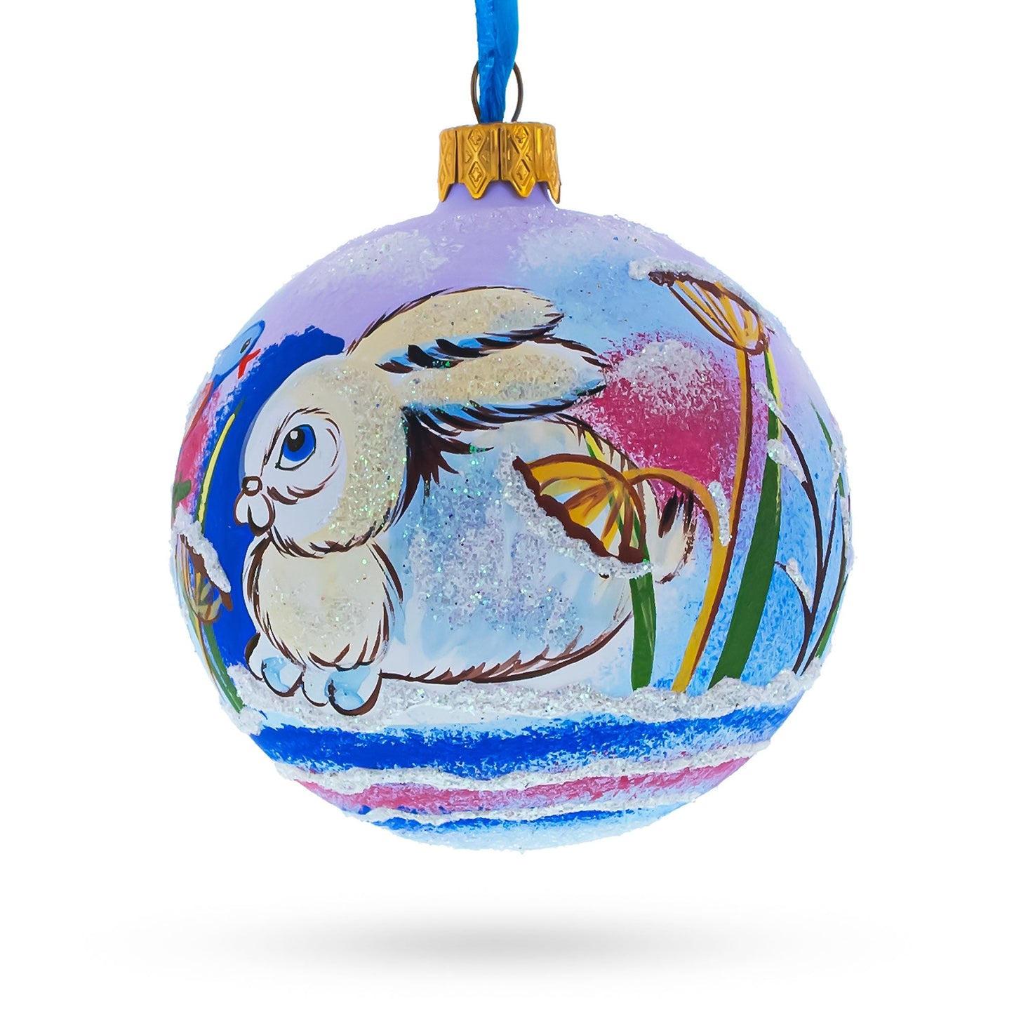 Charming Bunny Rabbit and Bird Whimsical Glass Ball Christmas Ornament  3.25 Inches