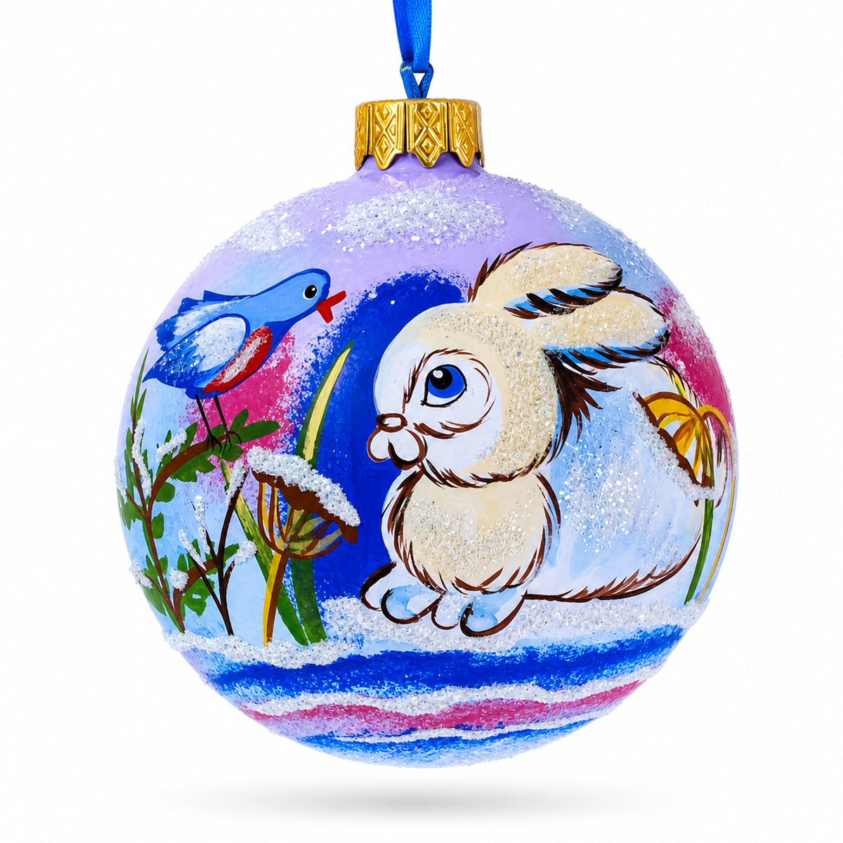 Charming Bunny Rabbit and Bird Whimsical Glass Ball Christmas Ornament  3.25 Inches