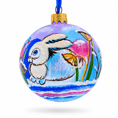 Charming Bunny Rabbit and Bird Whimsical Glass Ball Christmas Ornament  3.25 Inches