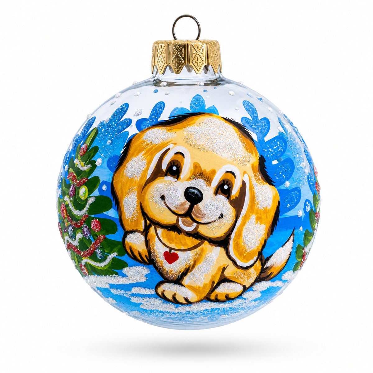 Adorable Golden Puppy Glass Ball Christmas Ornament 3.25 Inches