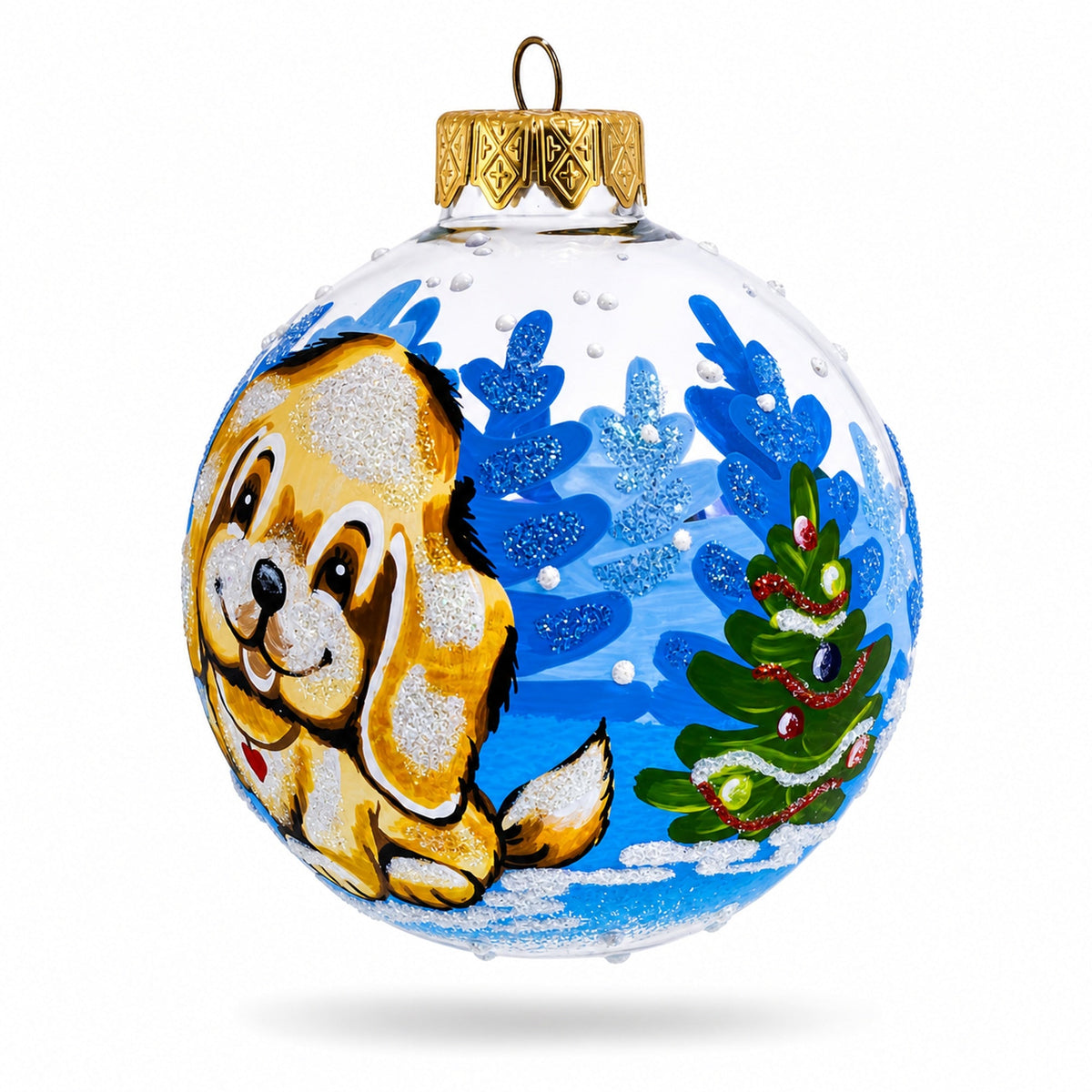 Adorable Golden Puppy Glass Ball Christmas Ornament 3.25 Inches