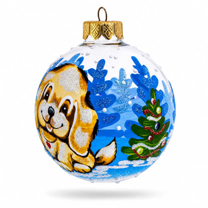 Adorable Golden Puppy Glass Ball Christmas Ornament 3.25 Inches