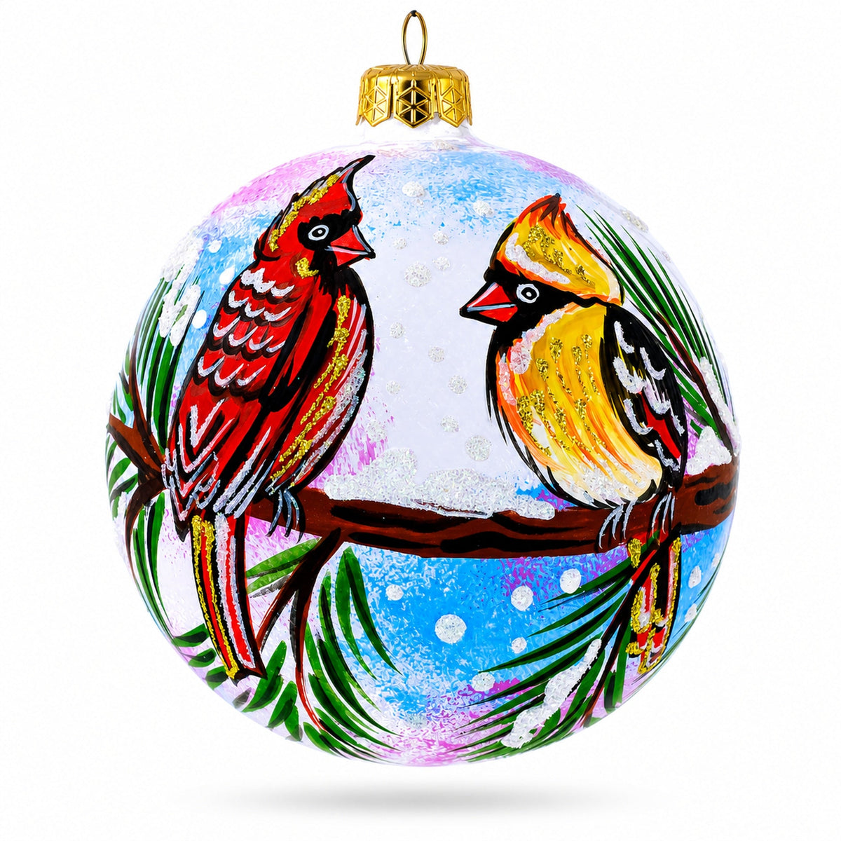 Cardinal Pair on Pine Branch Glass Ball Christmas Ornament 4 Inches