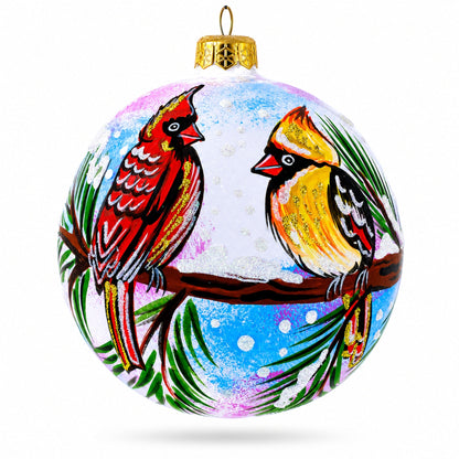 Cardinal Pair on Pine Branch Glass Ball Christmas Ornament 4 Inches