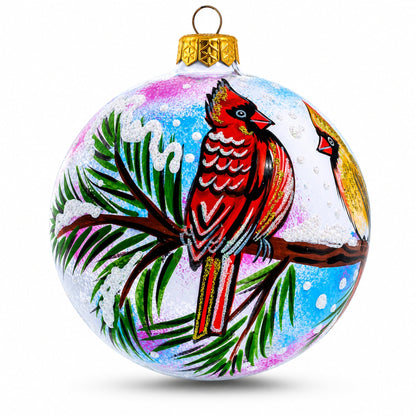 Cardinal Pair on Pine Branch Glass Ball Christmas Ornament 4 Inches