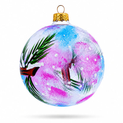Cardinal Pair on Pine Branch Glass Ball Christmas Ornament 4 Inches