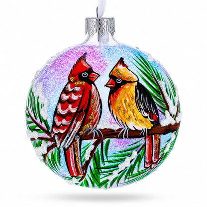 Two Cardinals in Snowy Scenery Glass Ball Christmas Ornament 3.25 Inches