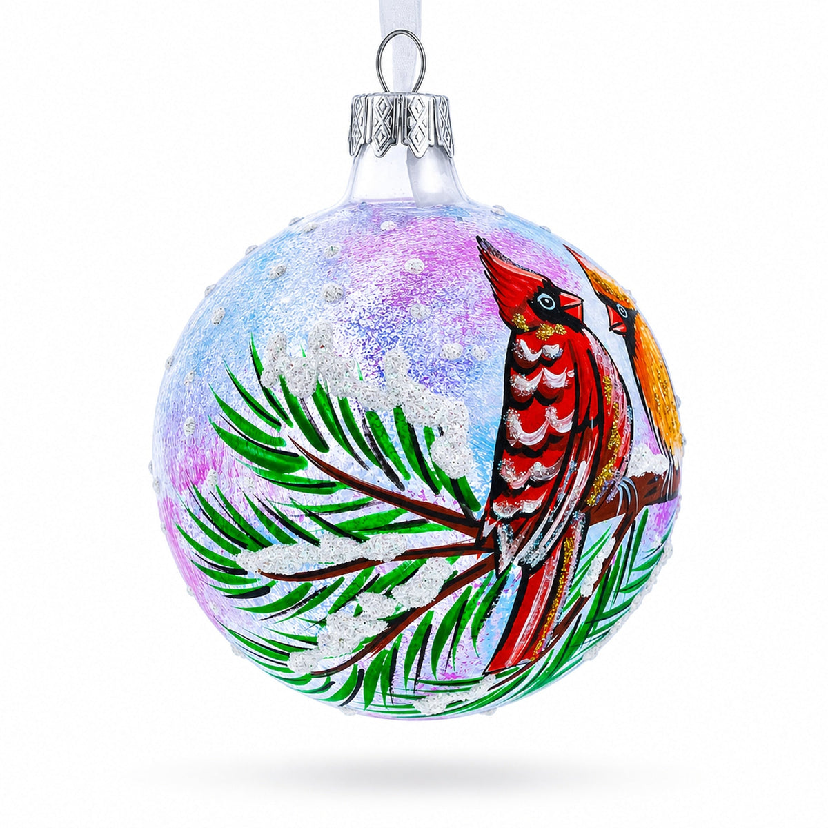 Two Cardinals in Snowy Scenery Glass Ball Christmas Ornament 3.25 Inches