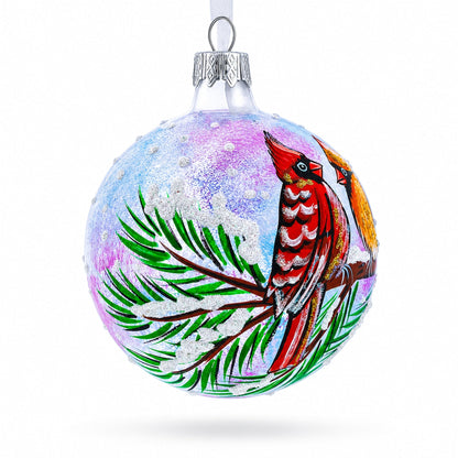 Two Cardinals in Snowy Scenery Glass Ball Christmas Ornament 3.25 Inches