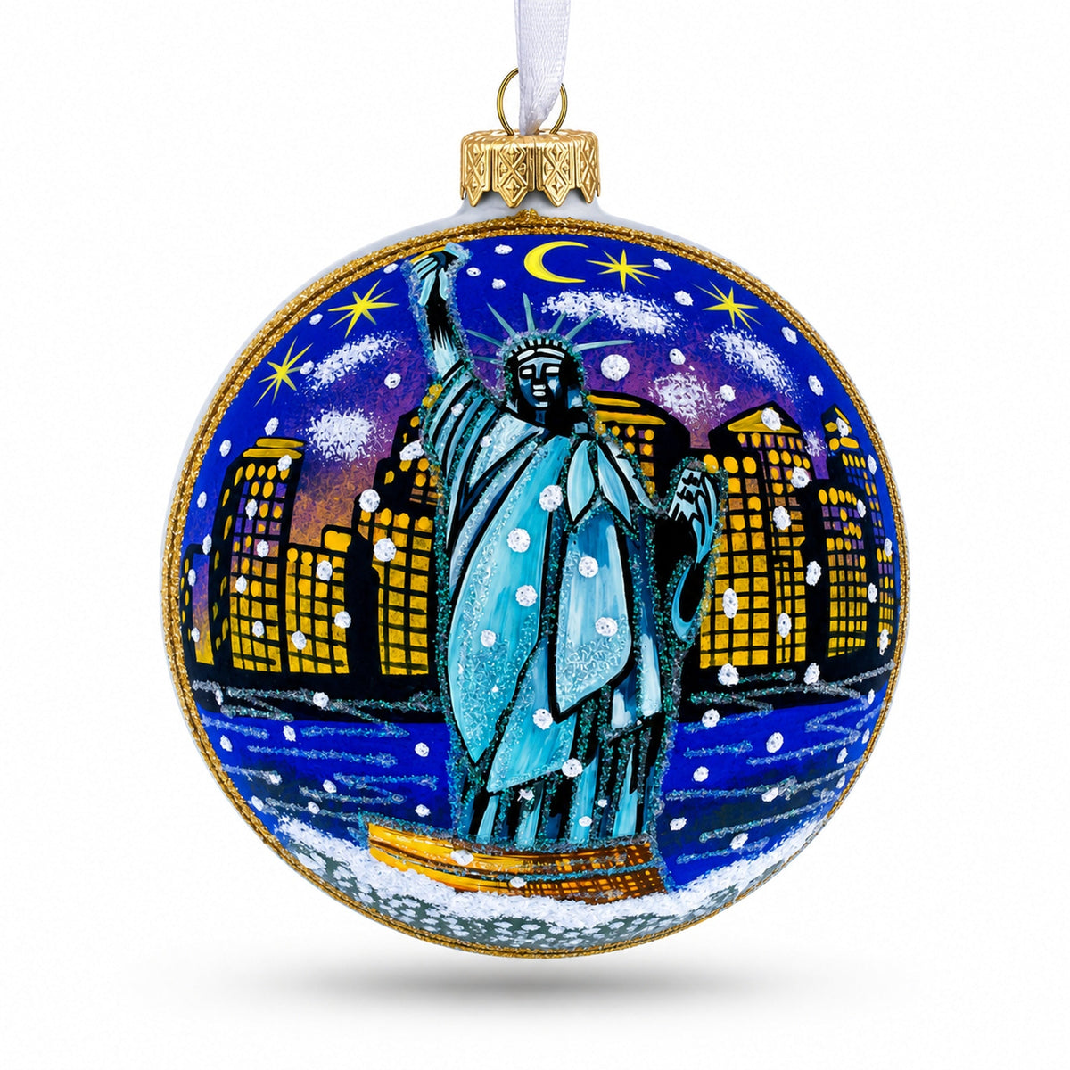 Statue of Liberty at Night, New York Glass Ball Christmas Ornament 4 Inches