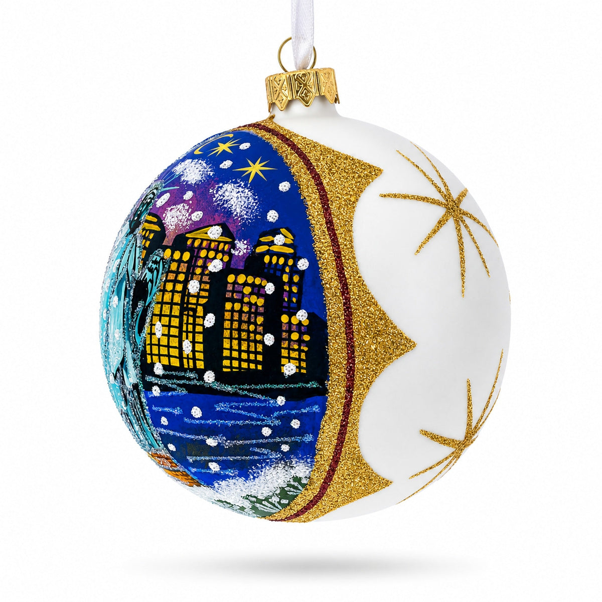 Statue of Liberty at Night, New York Glass Ball Christmas Ornament 4 Inches