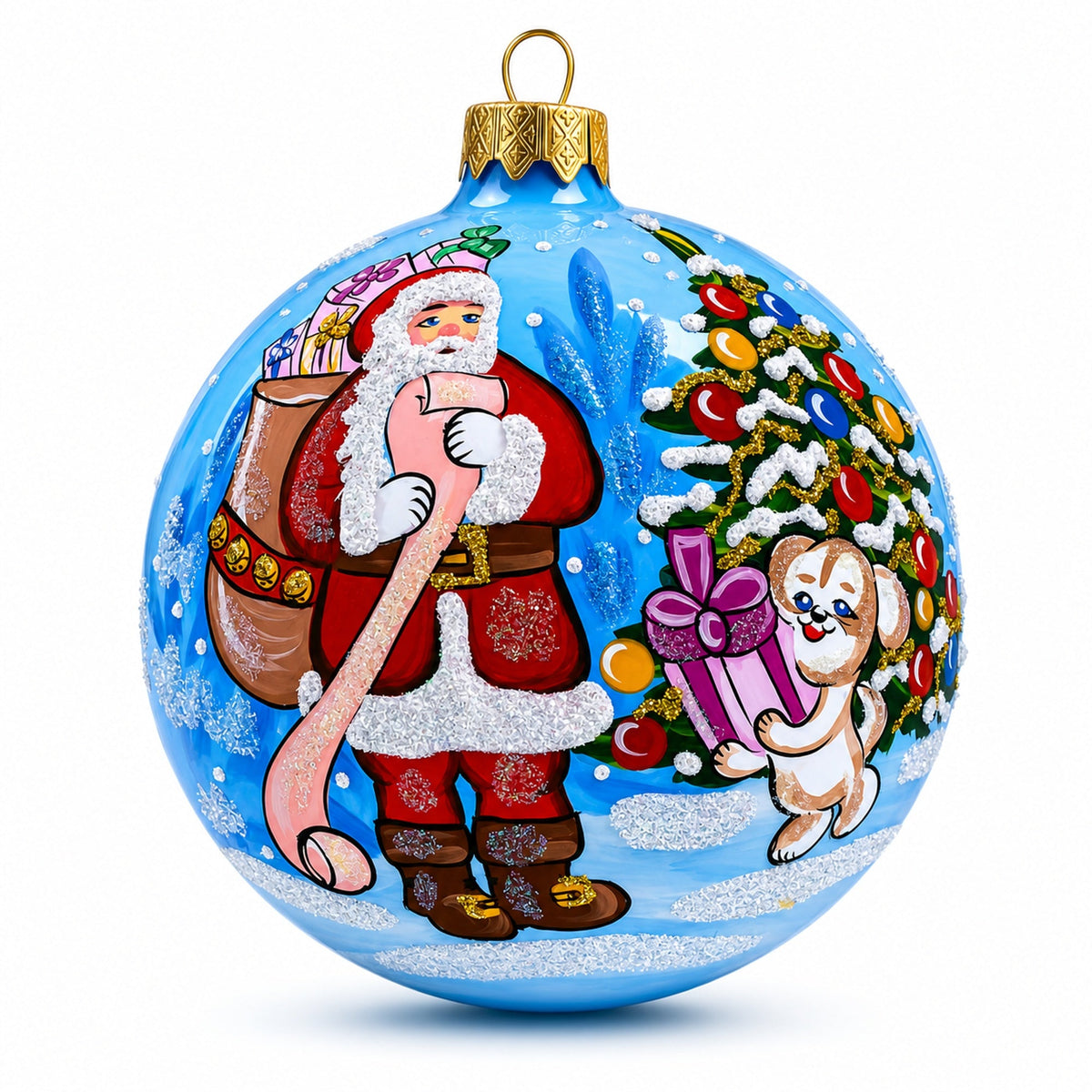 Santa's Gift List and Loyal Dog Glass Ball Christmas Ornament 4 Inches