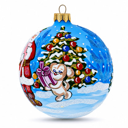 Santa's Gift List and Loyal Dog Glass Ball Christmas Ornament 4 Inches