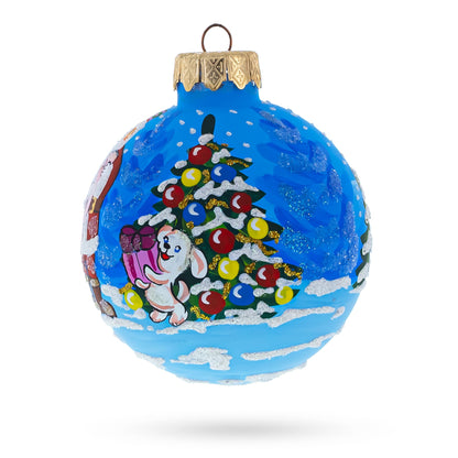Santa With Gift List And Bunny Glass Ball Christmas Ornament 3.25 Inches