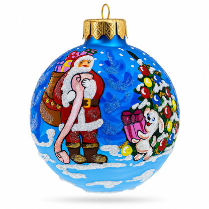 Santa With Gift List And Bunny Glass Ball Christmas Ornament 3.25 Inches