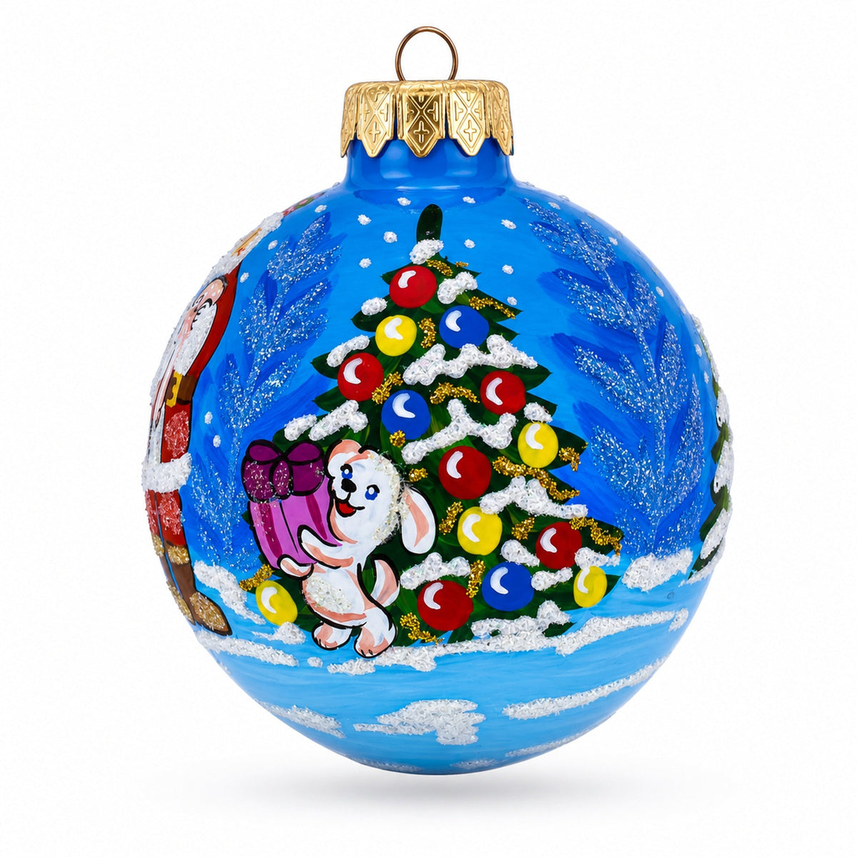 Santa With Gift List And Bunny Glass Ball Christmas Ornament 3.25 Inches