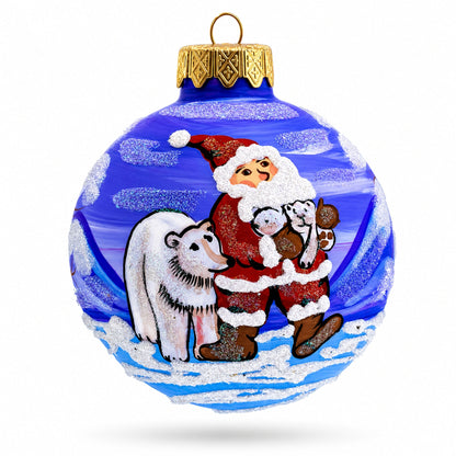 Santa and Polar Bear Festive Glass Ball Christmas Ornament 3.25 Inches