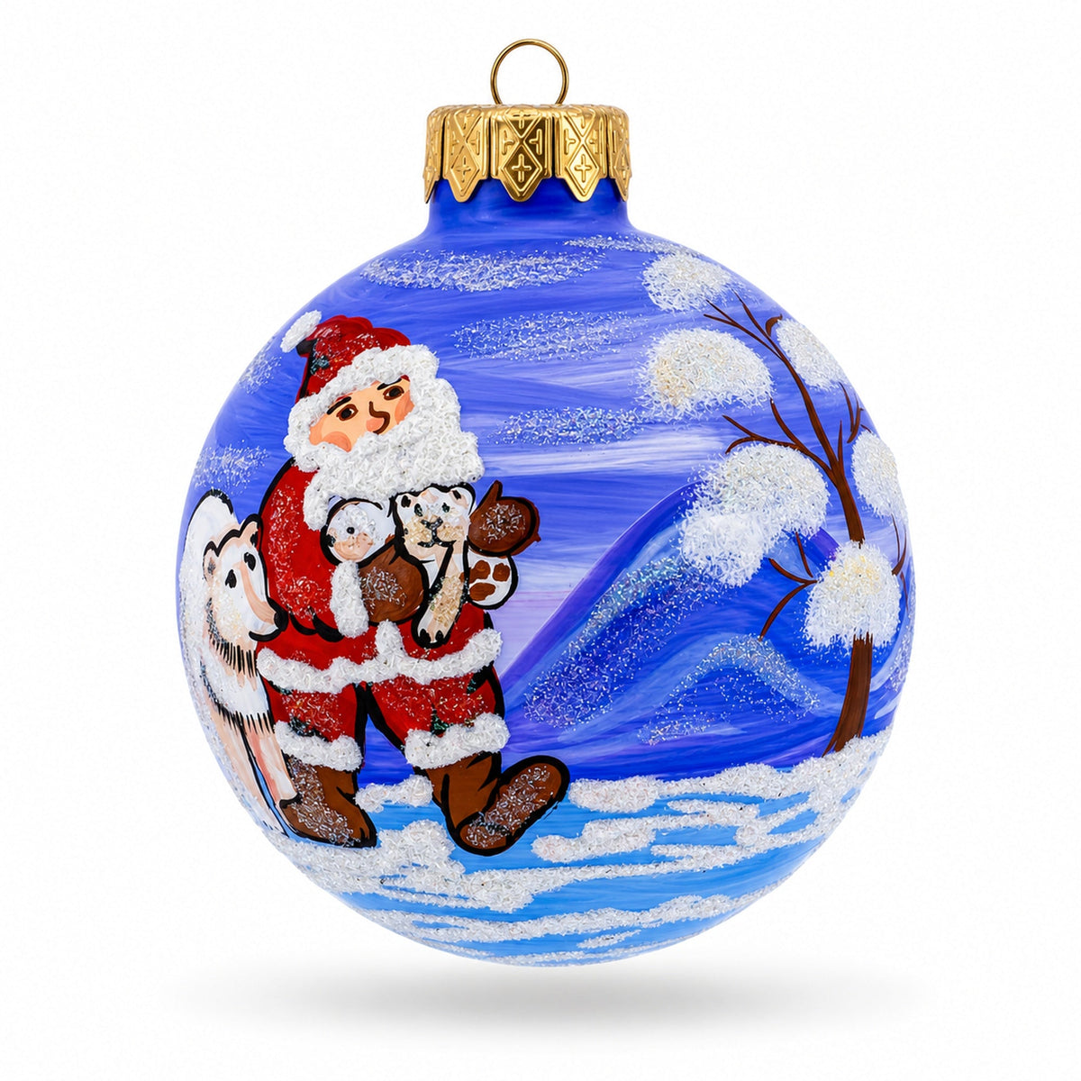 Santa and Polar Bear Festive Glass Ball Christmas Ornament 3.25 Inches