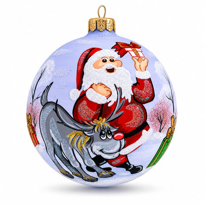 Santa and Reindeer Glass Ball Christmas Ornament 4 Inches