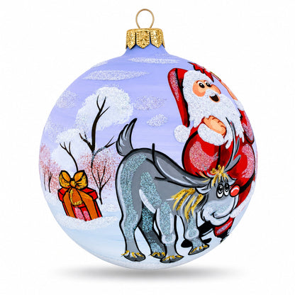 Santa and Reindeer Glass Ball Christmas Ornament 4 Inches