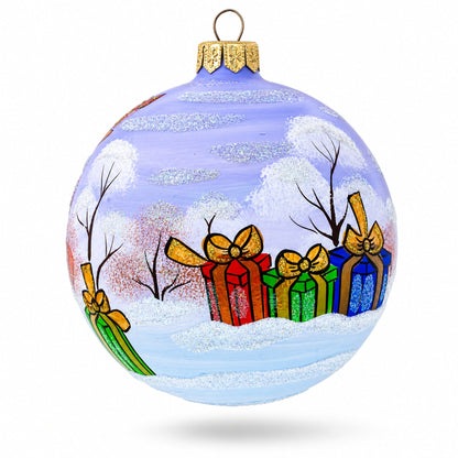 Santa and Reindeer Glass Ball Christmas Ornament 4 Inches