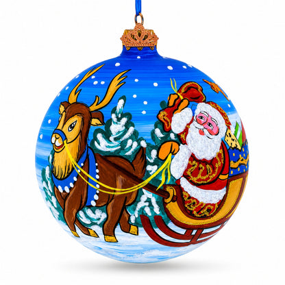 Santa in Sleigh with Reindeer Glass Ball Christmas Ornament 4 Inches