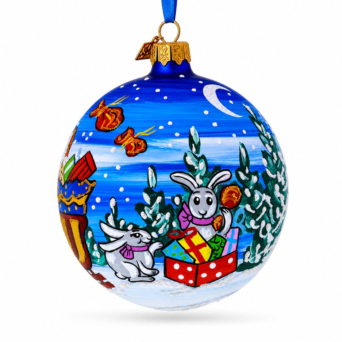 Santa in Sleigh with Reindeer Glass Ball Christmas Ornament 4 Inches