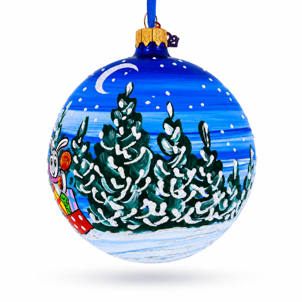 Santa in Sleigh with Reindeer Glass Ball Christmas Ornament 4 Inches